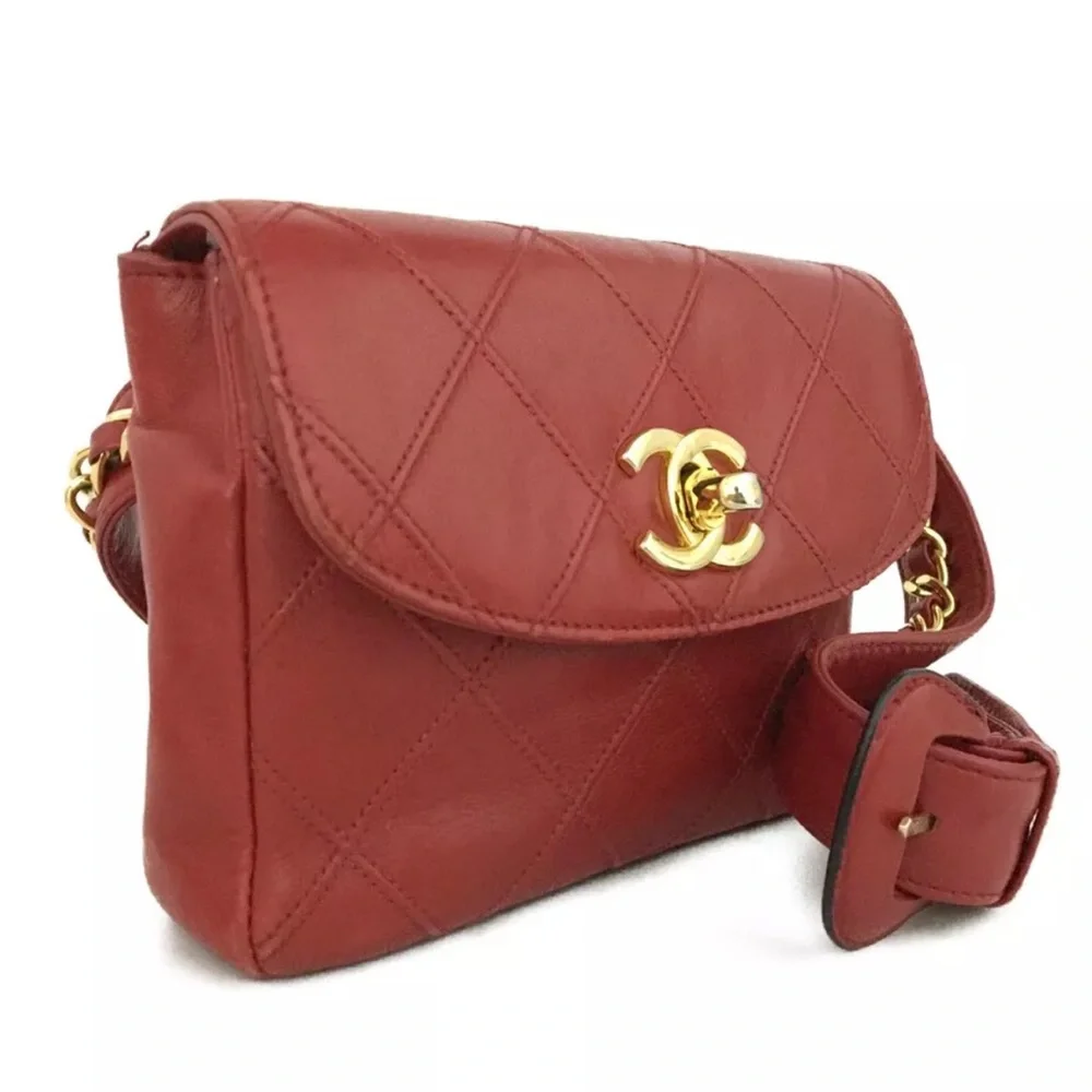 CHANEL Quilted Matelasse CC Logo Lambskin Waist Pouch Bum Bag Red Size 70